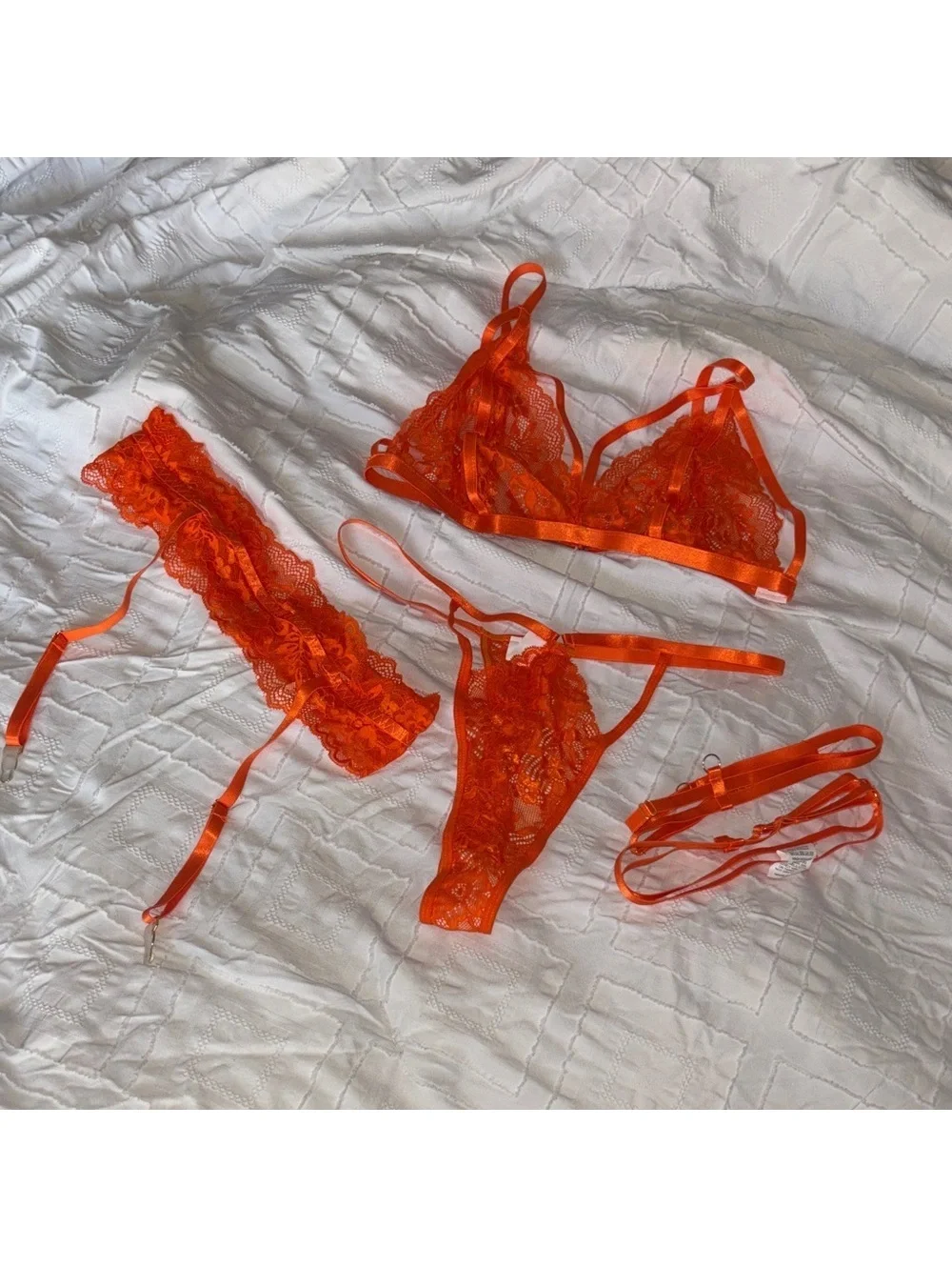 Lace Bralette & Garter Lingerie Set - Orange